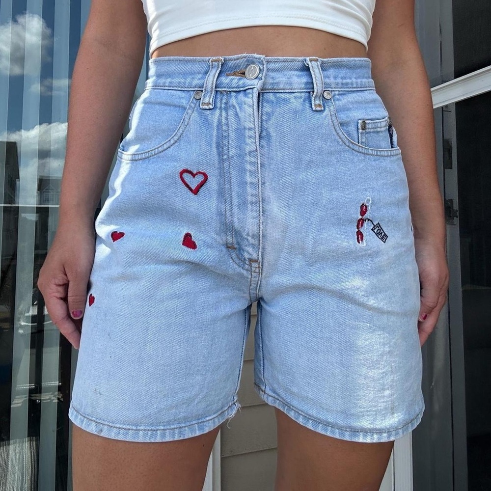 Stylish Light Blue Denim Shorts with Red Heart Details